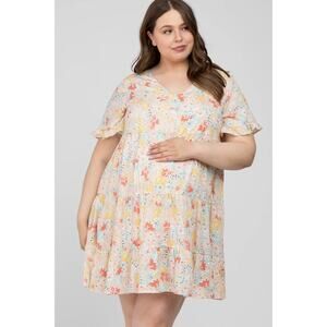 Beige Floral Cotton Tiered Dress Maternity Womens Plus Size 2X Ruffle Sleeve